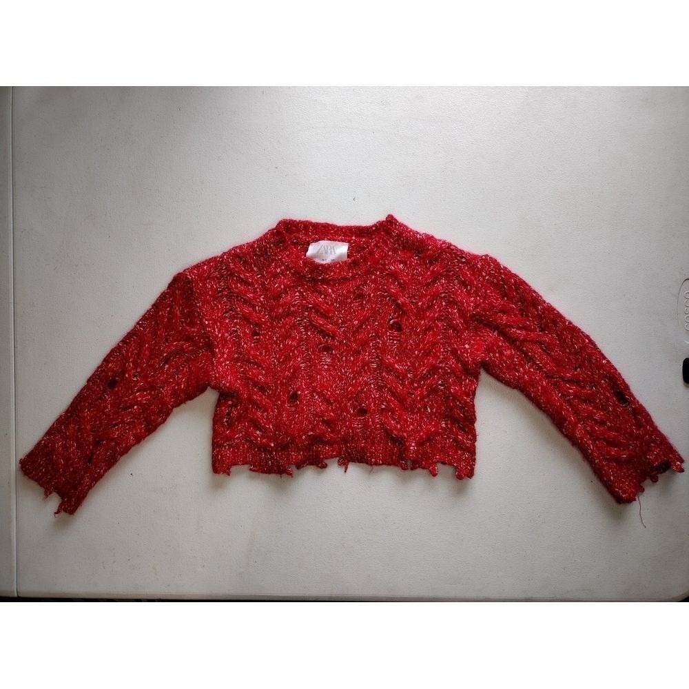 Zara Kids Red Cable Knit Sparkle Crop Sweater Girls Size 6/7